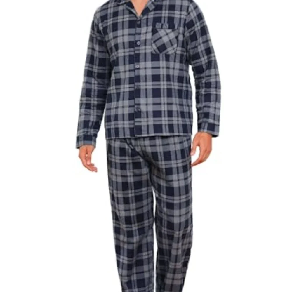 Men's Cotton Flannel Pajama Set Classic Plaid Button Front Sleepwear Lounge